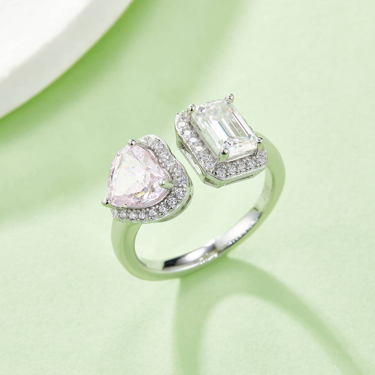 Heart Ice Flower Cut AND Rectangular Moissanite 925 Silver Plated Platinum Women's Ring 1 Carat D-Class